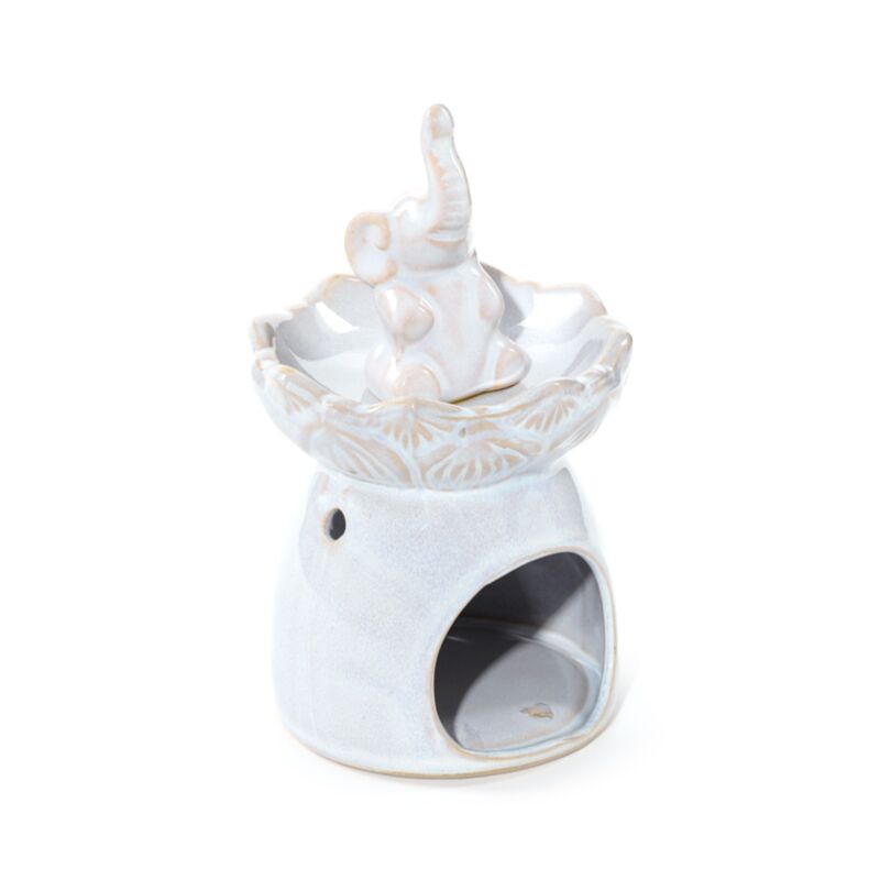 Brûleur Blanc A Huile Éléphant sur Fleur de Lotus